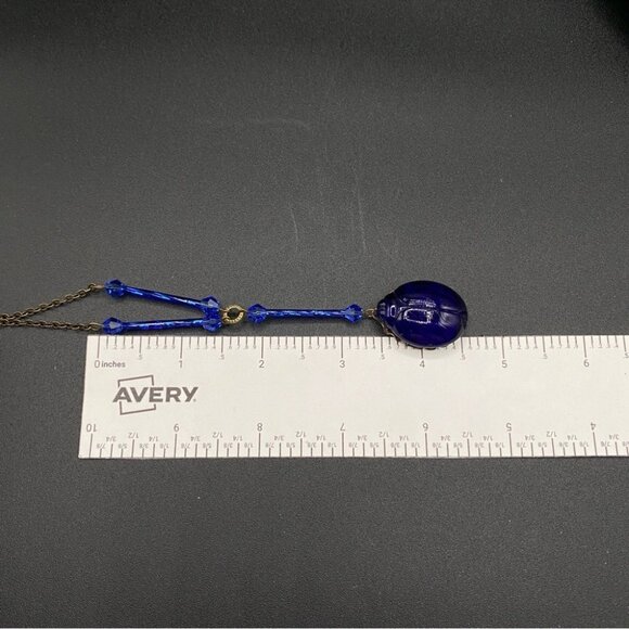 Vintage Cobalt Blue Czech Glass Scarab Pendant Necklace - Picture 5 of 14